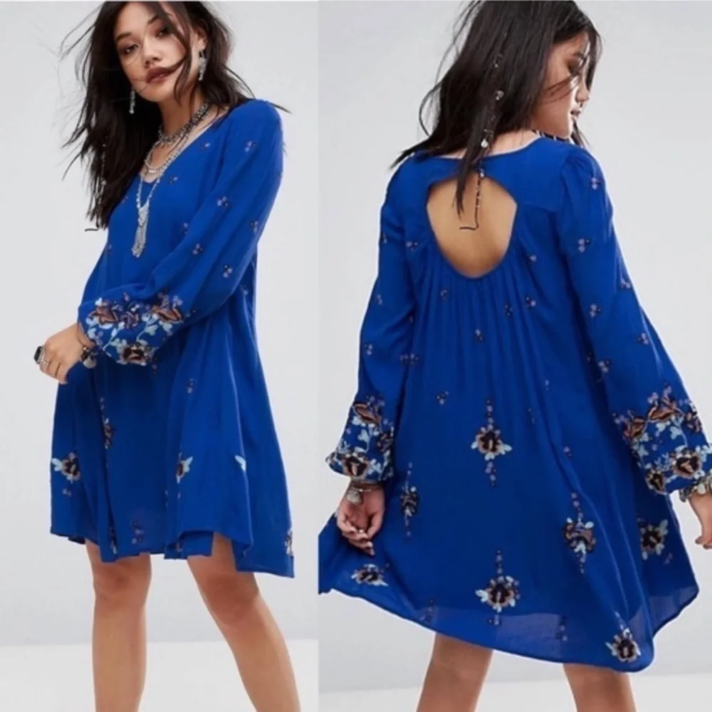 Free People Blue Embroidered Open Back Long Sleeve Dress - Picture 15 of 15